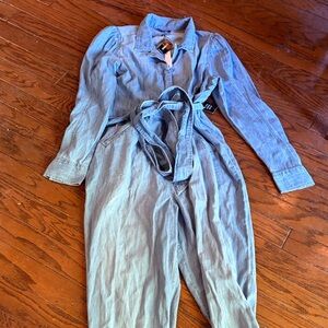 Express Light Blue Denim Utility Jumpsuit with Waist Tie